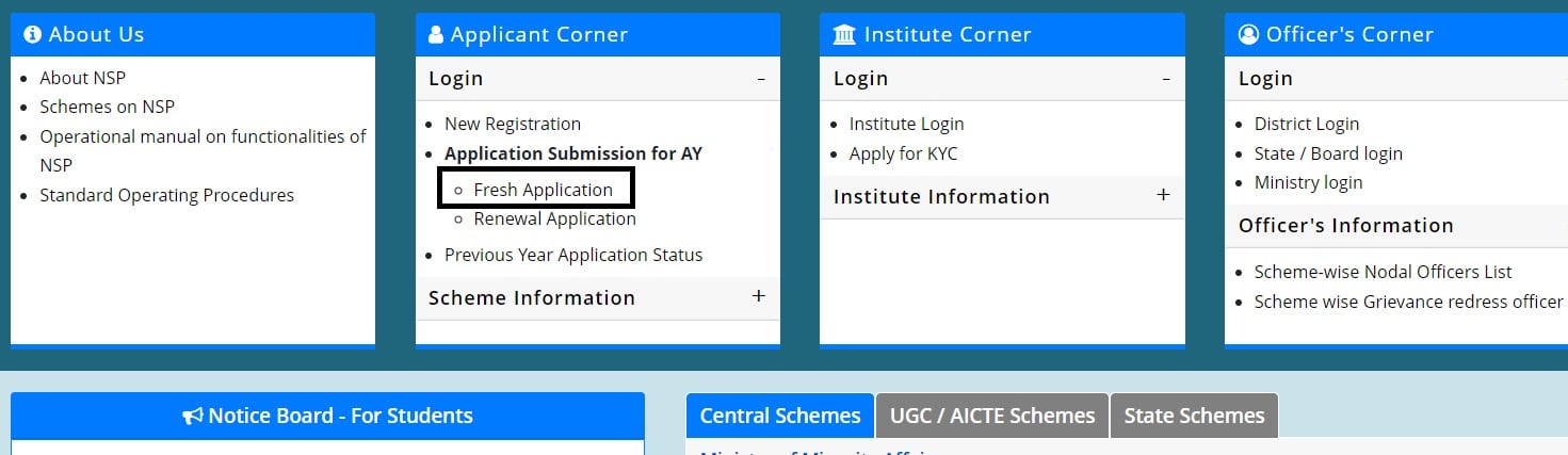 National Scholarship Portal Fresh Application