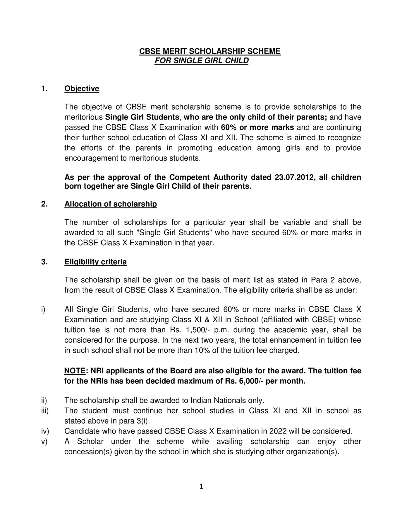 CBSE Single Girl Child Scholarship Scheme 2023 Guidelines PDF