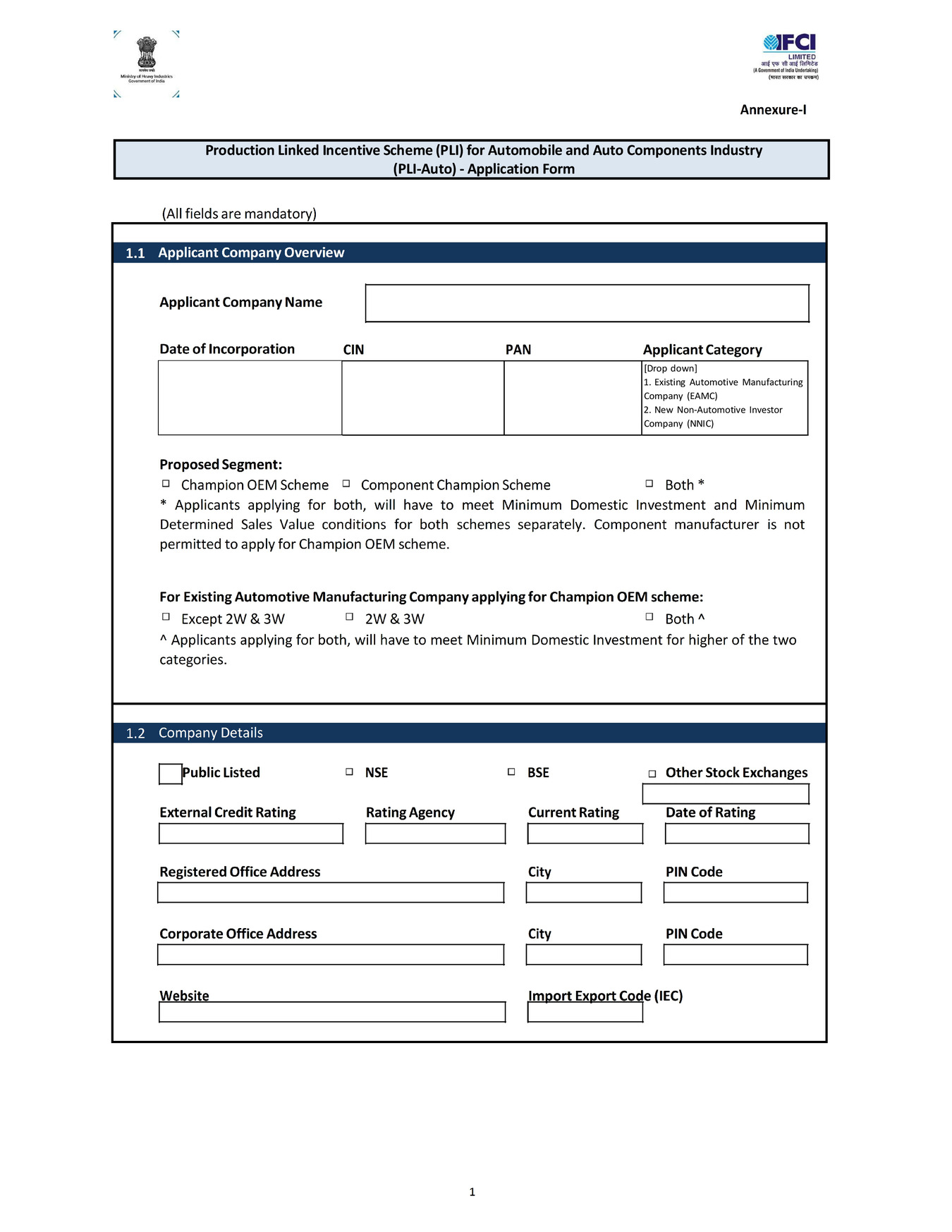 PLI Scheme for Automobile and Auto Component Industry Application Form 2022 PDF