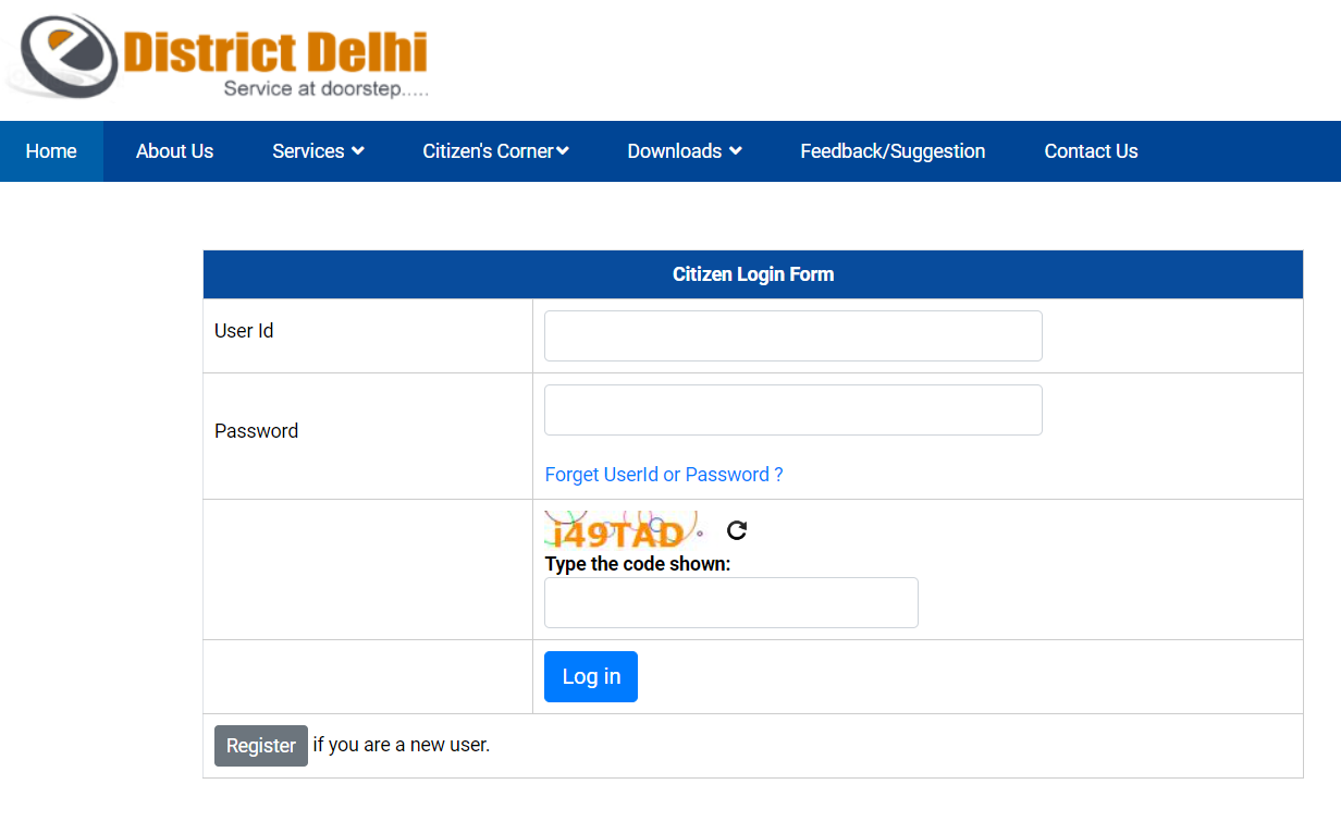 edistrict delhigovt Citizen Login Form