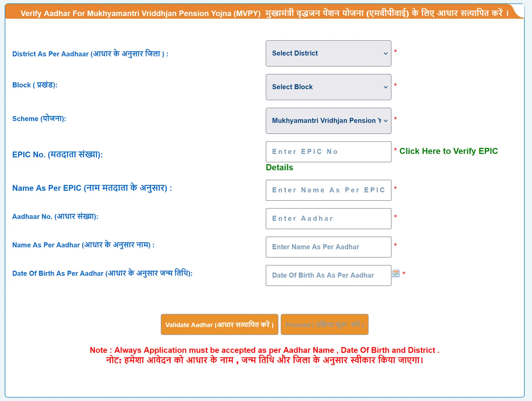 Mukhyamantri Vriddhjan Pension Yojana Aadhaar Verification