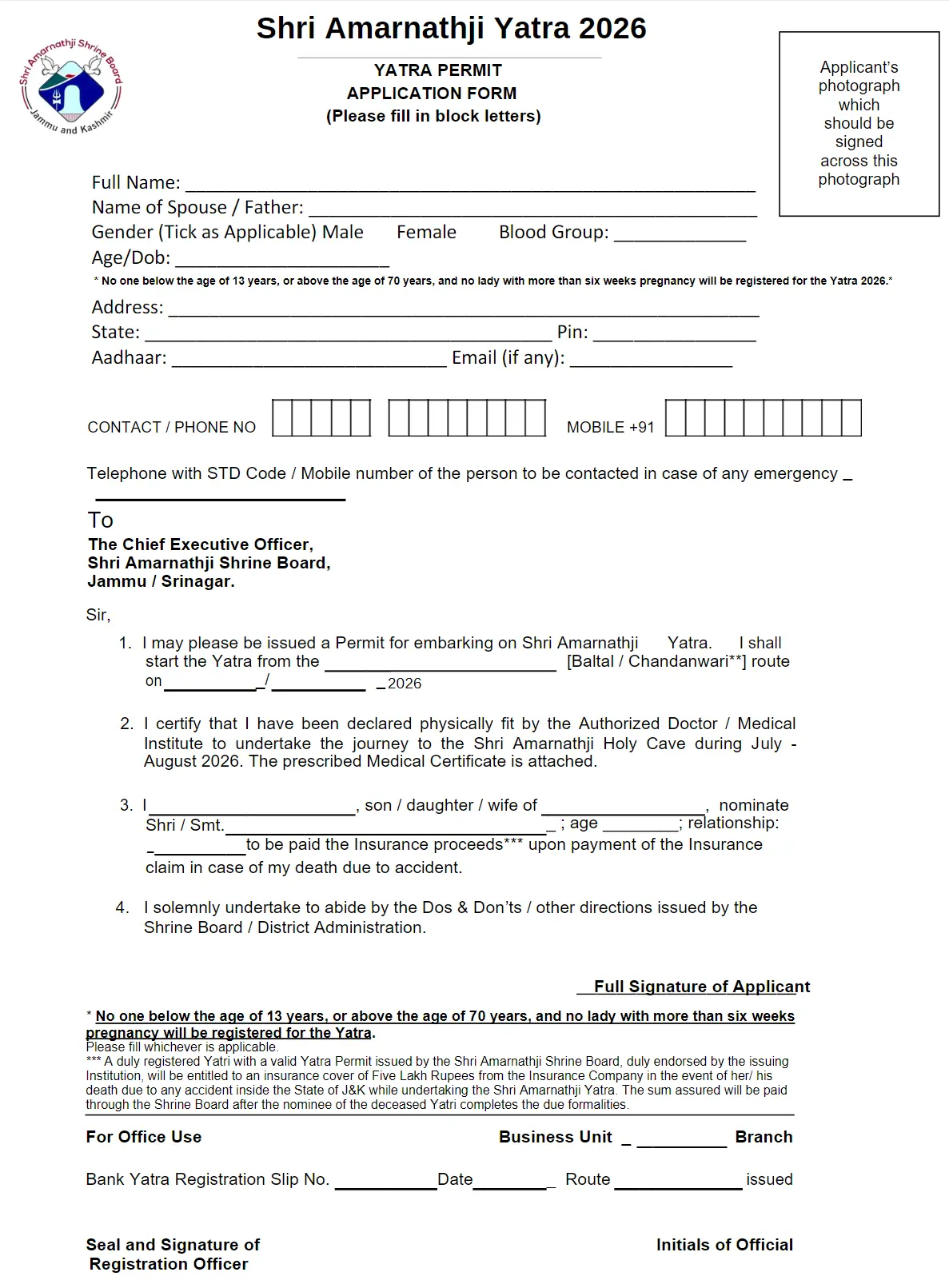 Amarnath Yatra Registration Form