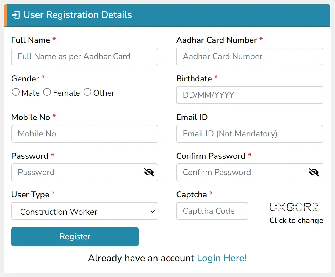 Gujarat Construction Worker Online Registration Form