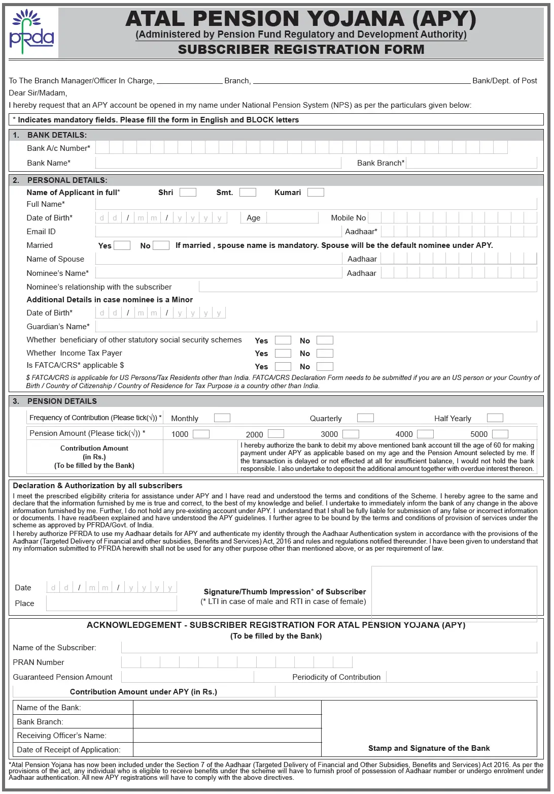 Atal Pension Yojana Form PDF