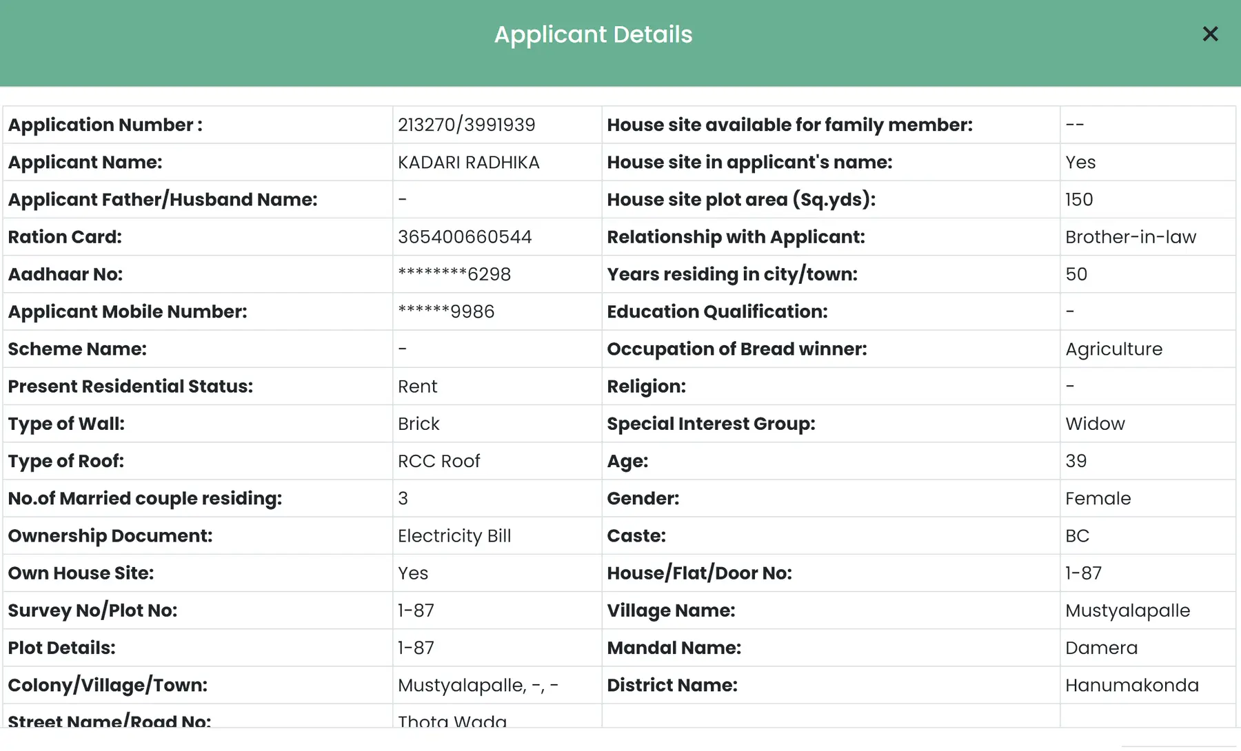 Indiramma Beneficiary Details