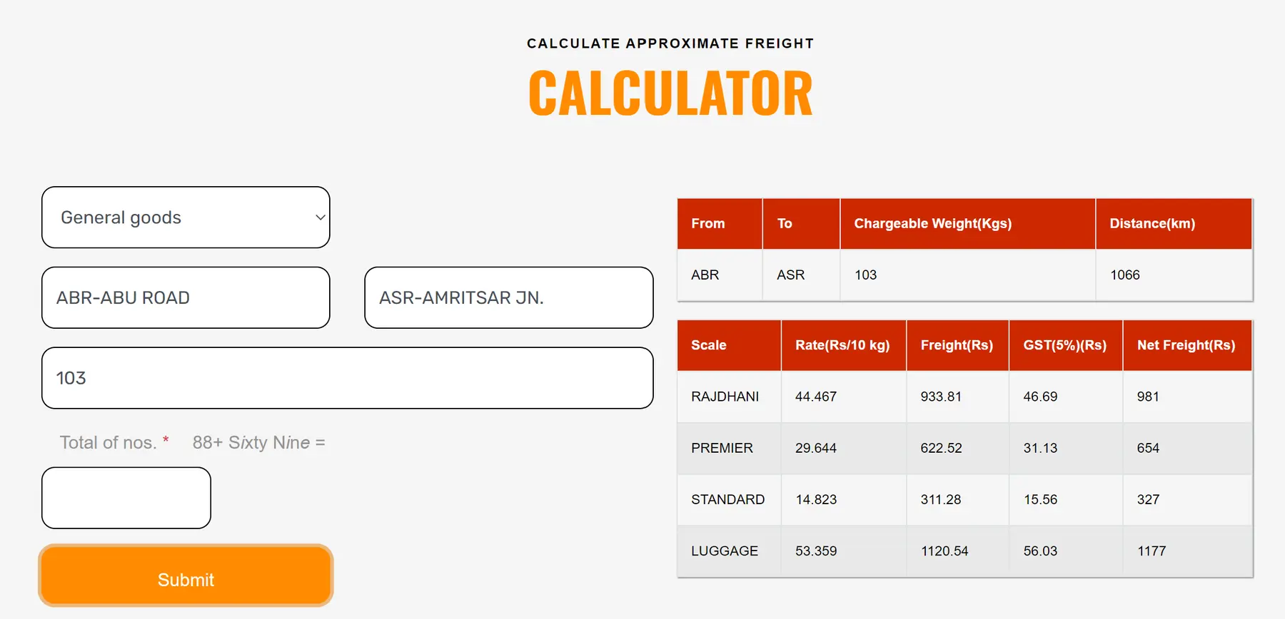 Calculate Approximate Freight Charges