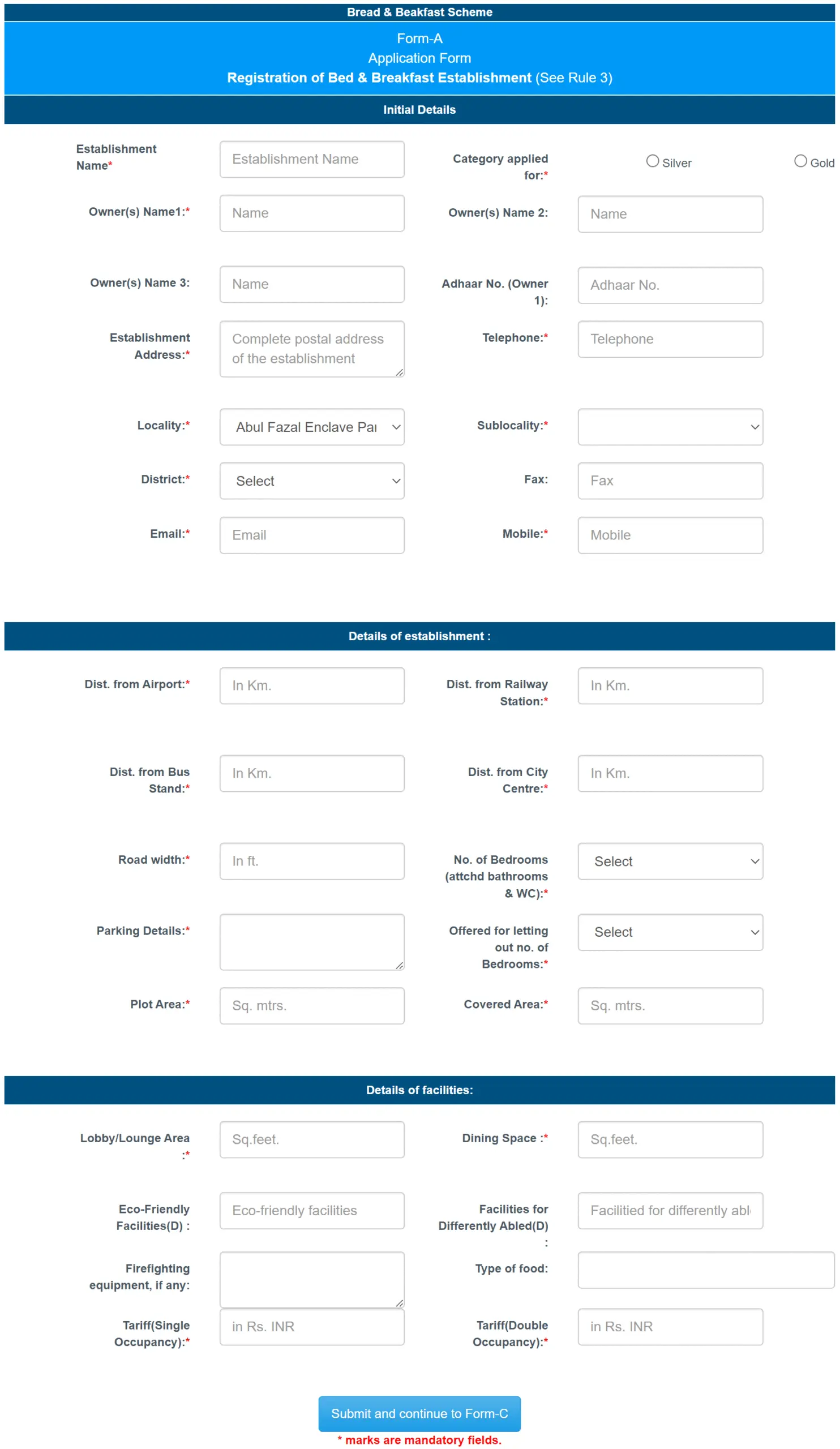 Bed & Breakfast Scheme Online Application Form
