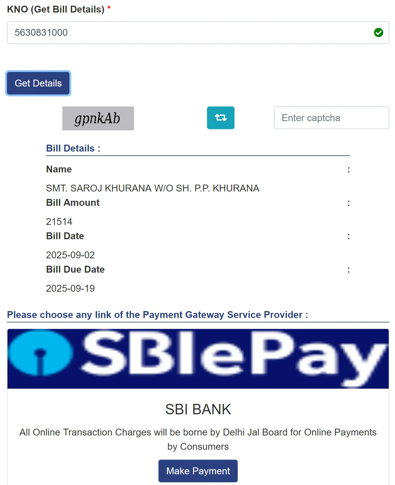 DJB Bill Payment Option